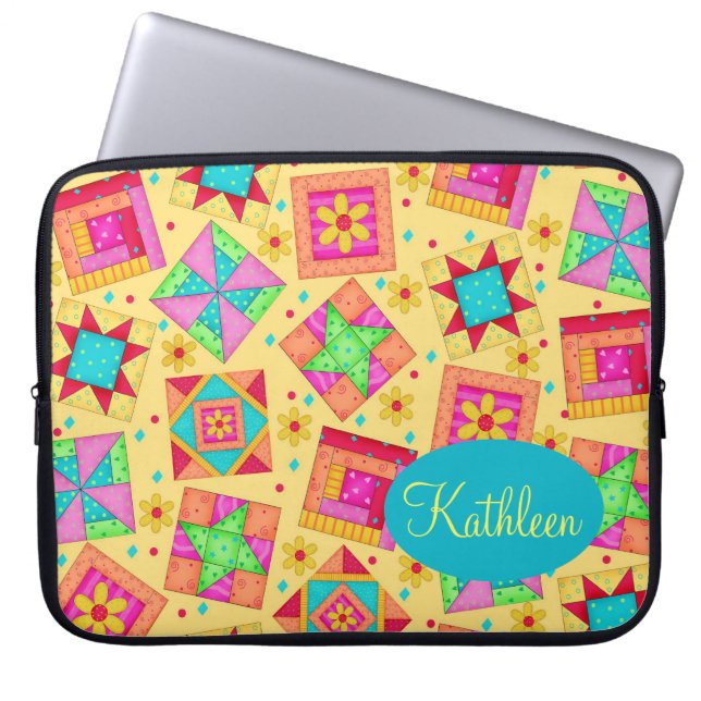 Yellow Patchwork Quilt Block Art Personalised Laptop Sleeve (Front)