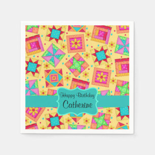 Yellow Patchwork Quilt Block Name Happy Birthday Napkin