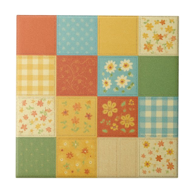 Yellow Patchwork Quilt Rustic Farmhouse Floral Tile (Front)