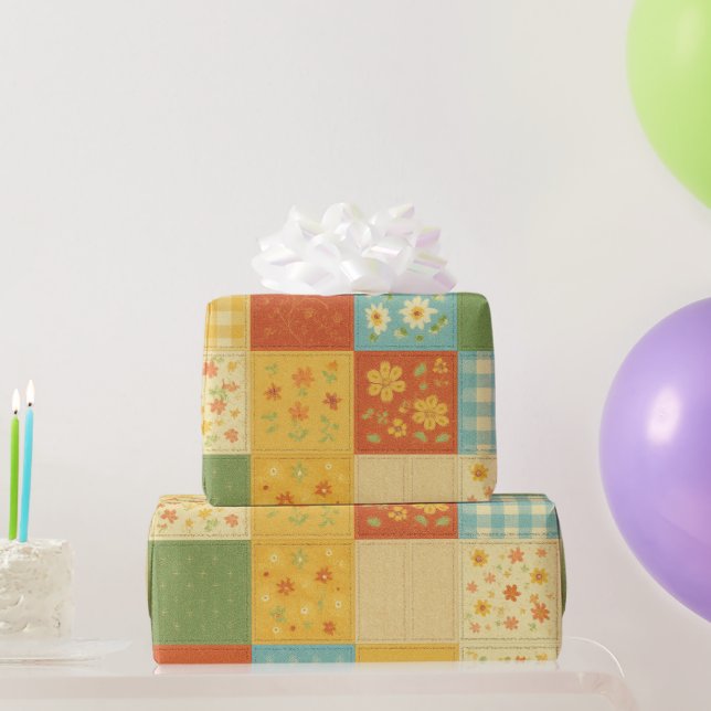Yellow Patchwork Quilt Rustic Farmhouse Floral Wrapping Paper (Party Gifts)