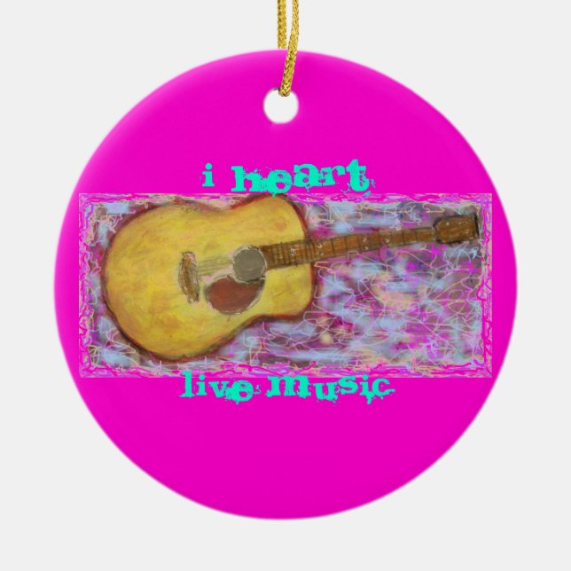 yellow patina acoustic guitar Live Music Ceramic Tree Decoration (Front)