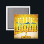 Yellow Peace Sparkle Shine Script Hanukkah Menorah Magnet<br><div class="desc">“Peace, sparkle, shine.” A close-up photo of a bright, colourful, yellow and gold artsy menorah helps you usher in the holiday of Hanukkah in style. Feel the warmth and joy of the holiday season whenever you use this bright, colourful Hanukkah magnet. Matching cards, postage, stickers, pillows, housewares, totebags, and other...</div>