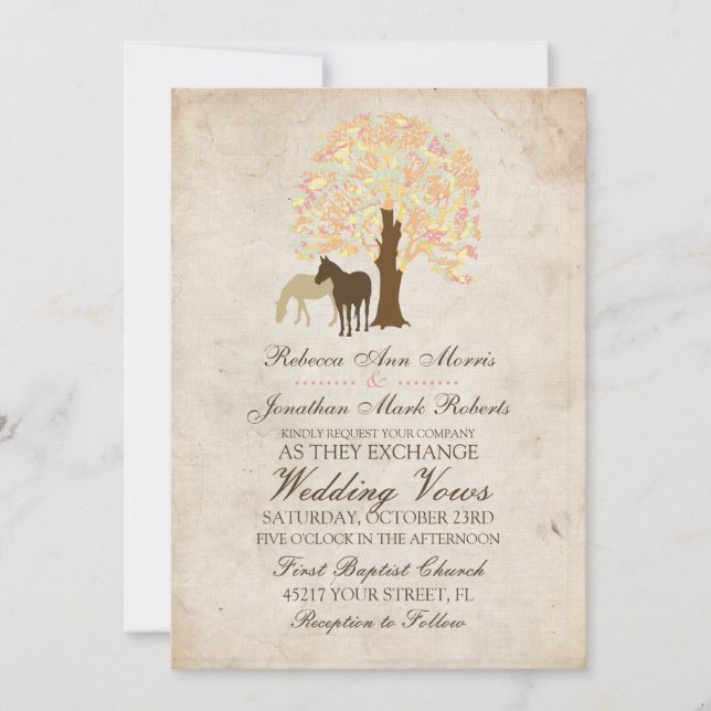 Yellow Peach and Mint Autumn Horses Wedding Invitation (Front)