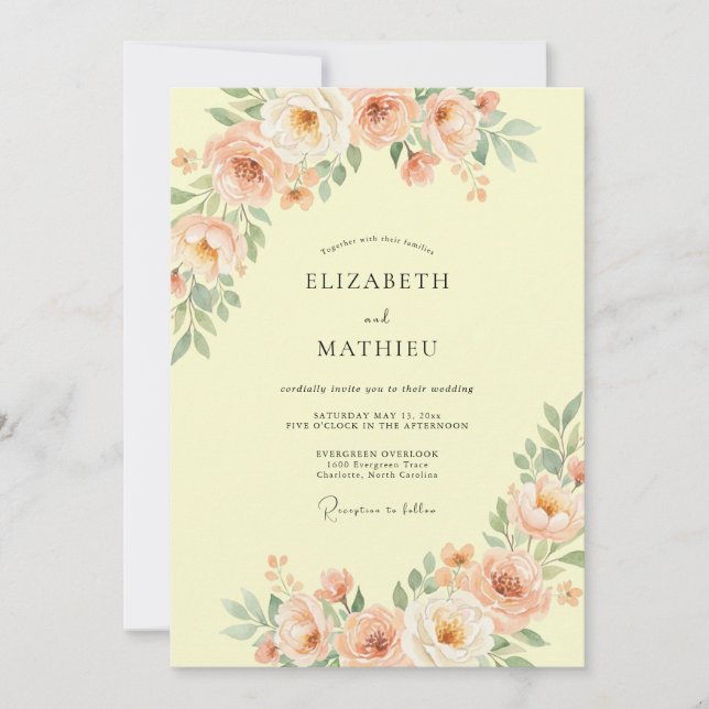 Yellow Peach Delicate Floral Wedding Invitation (Front)