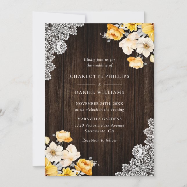 Yellow Peach Floral Rustic Wood Wedding Invitation (Front)