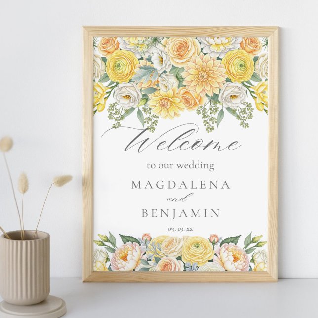 Yellow Peach Flowers Sage Greenery Wedding Welcome Poster (Creator Uploaded)