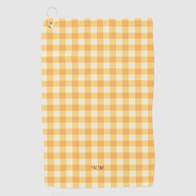 Yellow Peach Gingham Plaid Golf Towel (Front)
