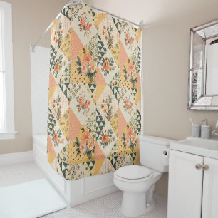 Yellow Peach Patchwork Quilt Rustic Retro Floral  Shower Curtain