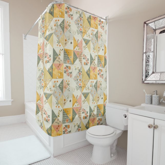 Yellow Peach Patchwork Quilt Rustic Retro Floral  Shower Curtain (In Situ)