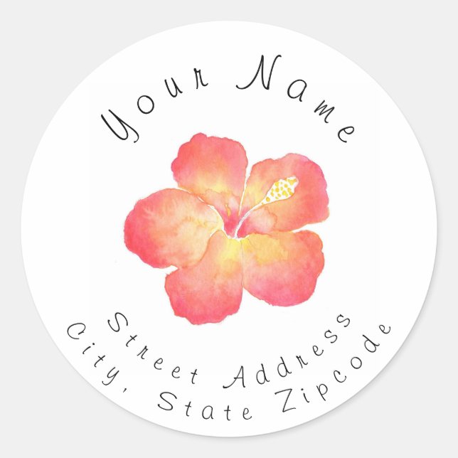 'Yellow Peach Pink Watercolor Hibiscus' Label (Front)
