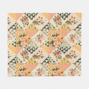 Yellow Peach Quilt Patchwork Gingham Cottagecore Fleece Blanket