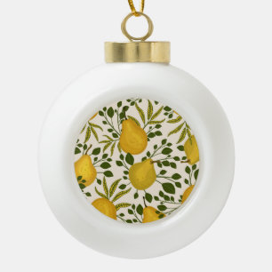 Yellow Pears Leaves White Background Ceramic Ball Christmas Ornament