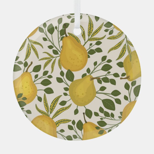 Yellow Pears Leaves White Background Glass Tree Decoration (Front)