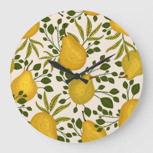 Yellow Pears Leaves White Background Large Clock