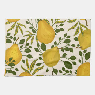 Yellow Pears Leaves White Background Tea Towel