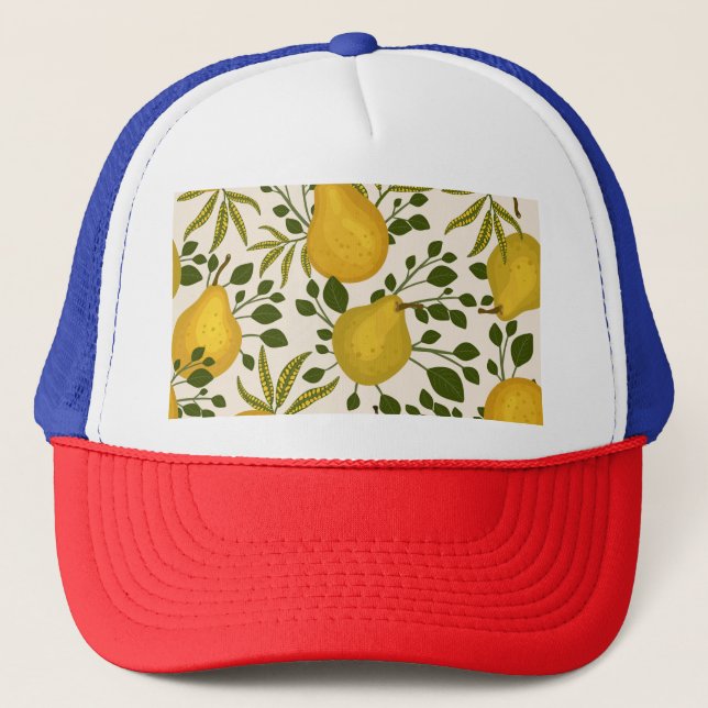 Yellow Pears Leaves White Background Trucker Hat (Front)