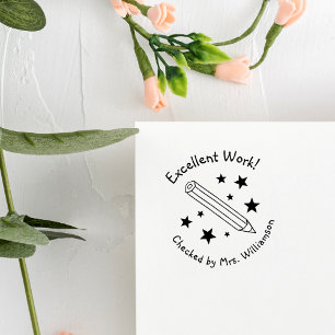 Yellow Pencil & Stars Excellent Work Teacher Self-inking Stamp