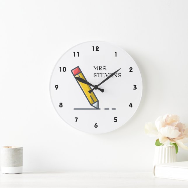 Yellow Pencil Teacher Name Large Clock (Home)