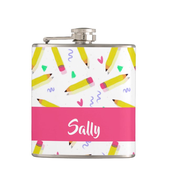 Yellow pencils and scrabbles on white hip flask (Front)
