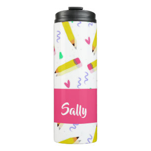 Yellow pencils and scrabbles on white thermal tumbler