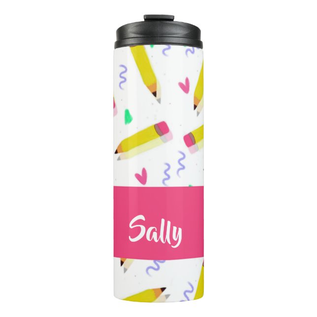 Yellow pencils and scrabbles on white thermal tumbler (Front)