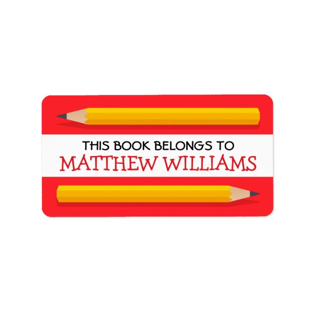Yellow pencils on red bookplate school book label (Front)