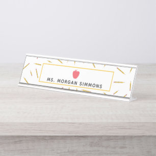 Yellow Pencils Pink Apple Teacher Nameplate
