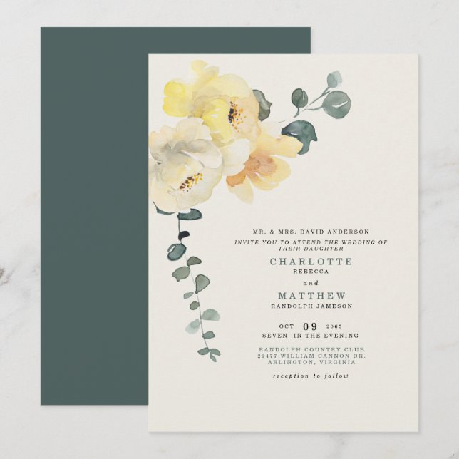 Yellow Peonies Teal & Cream Wedding Bride Parents Invitation (Front/Back)