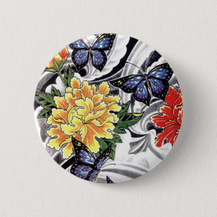 Yellow Peony and Butterfly Tattoo Design 6 Cm Round Badge