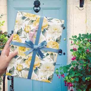 Yellow Peony and Chrysanthemum Floral Watercolor Wrapping Paper