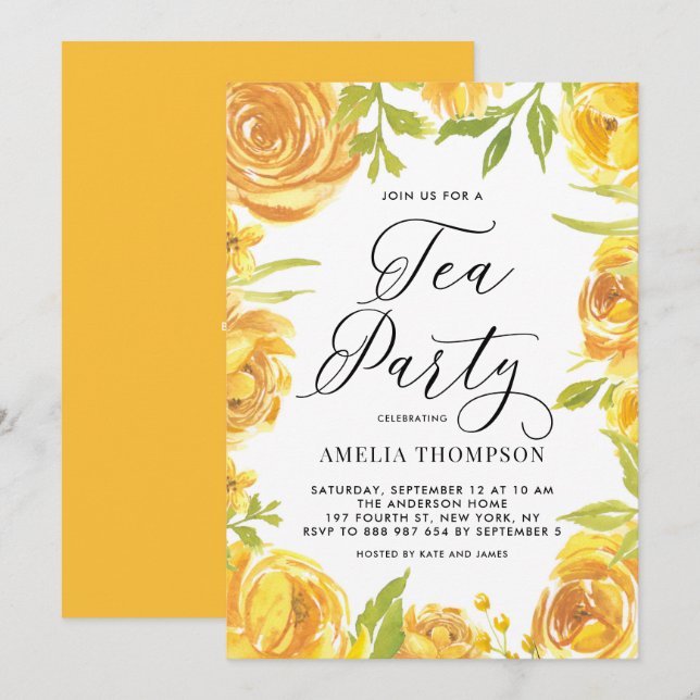 Yellow Peony and Rose Floral Wreath Tea Party Invitation (Front/Back)