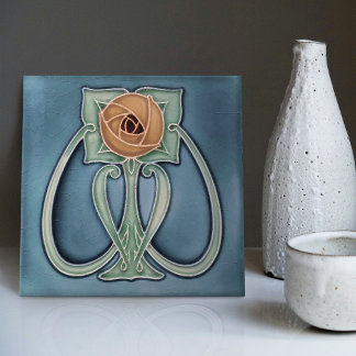 Yellow Peony Blue Decor Art Nouveau Art Deco Tile