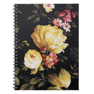 Yellow Peony Design on Black Notebook