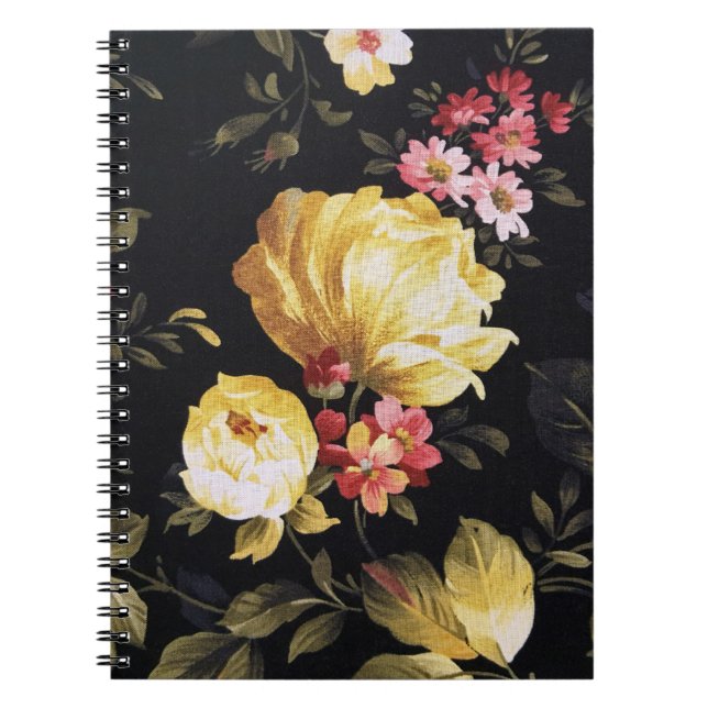 Yellow Peony Design on Black Notebook (Front)