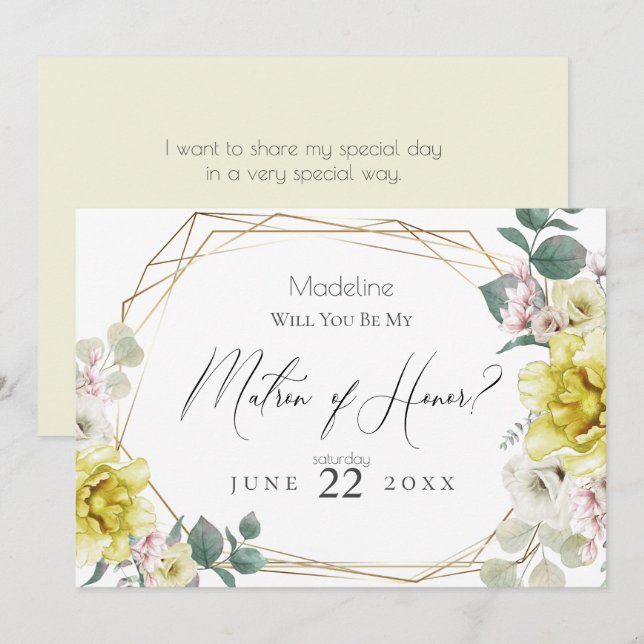 Yellow Peony Flower Will You Be My Matron of Honou Invitation (Front/Back)