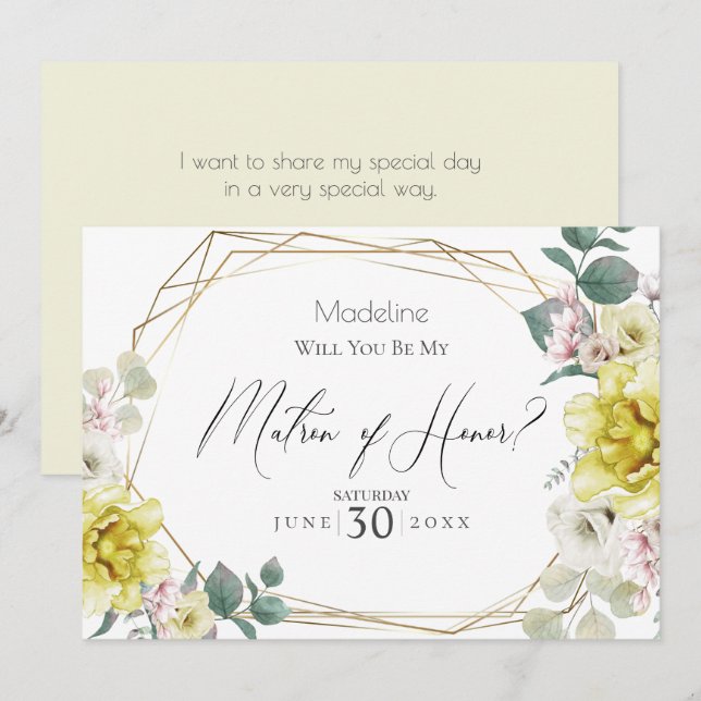 Yellow Peony Flower Will You Be My Matron of Honou Invitation (Front/Back)