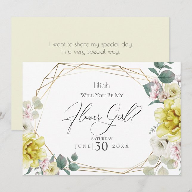 Yellow Peony Flowers  Will You Be My Flower Girl Invitation (Front/Back)