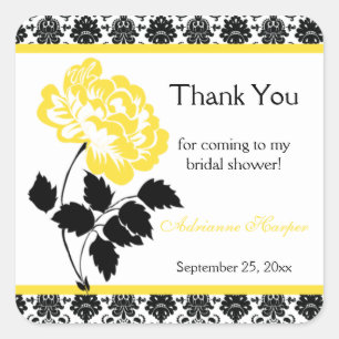 Yellow Peony on Black Damask Bridal Shower Sticker