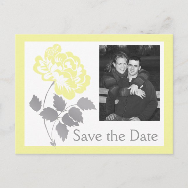 Yellow Peony on White Save the Date Postcard (Front)