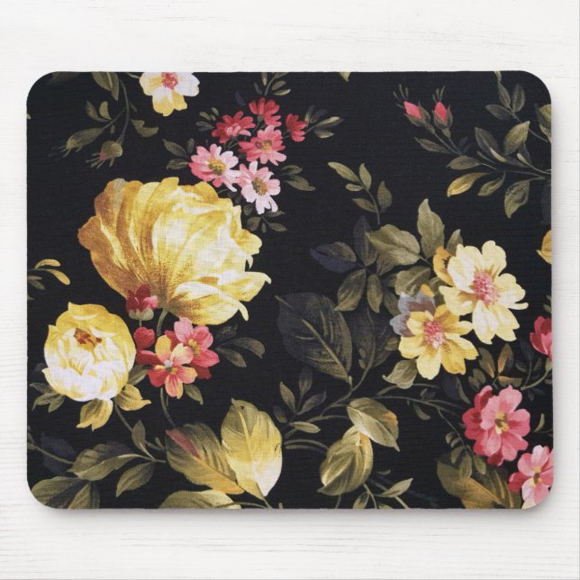yellow peony pattern on black mouse mat (Front)