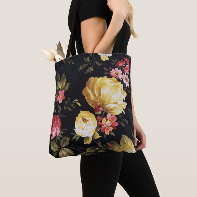 yellow peony pattern on black tote bag (Close Up)
