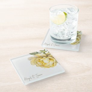 Yellow Peony Personalized Names Glass Coaster