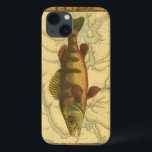 Yellow Perch on Map iPhone 13 Case<br><div class="desc">This print illustrates an artistic picture of a yellow perch fish. The background displays a vintage geographic map in light beige colours. The brown frame resembles old wood pattern with yellow-red flowers in the edges. A great addition to your fishing collection!</div>