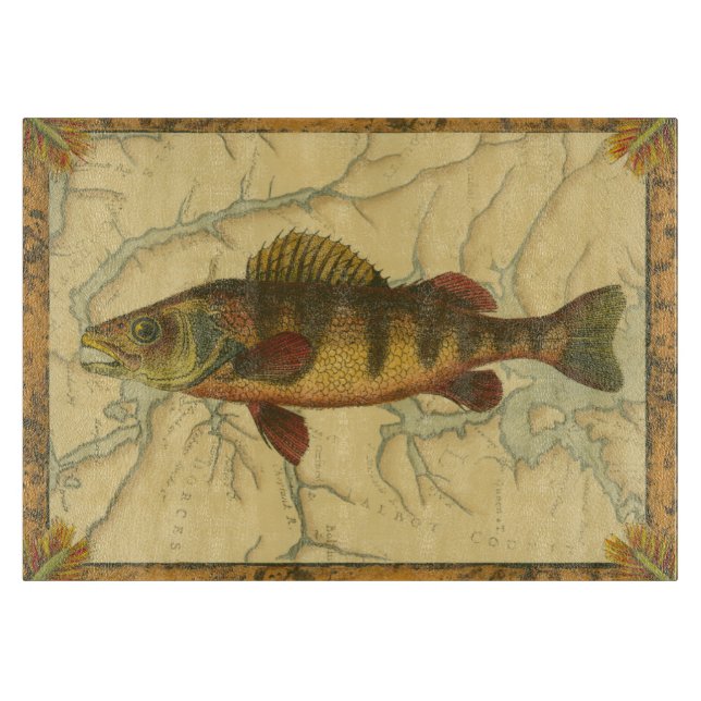 Yellow Perch on Map Cutting Board (Front)