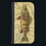 Yellow Perch on Map Samsung S4 Wallet Case<br><div class="desc">This print illustrates an artistic picture of a yellow perch fish. The background displays a vintage geographic map in light beige colours. The brown frame resembles old wood pattern with yellow-red flowers in the edges. A great addition to your fishing collection!</div>
