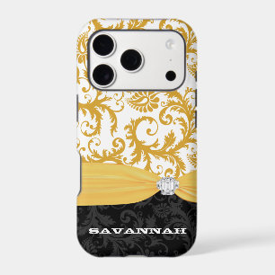 Yellow Personalised Faux Rhinestone Damask iPhone