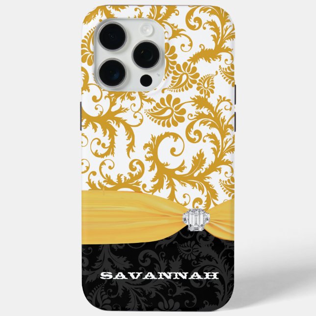 Yellow Personalised Faux Rhinestone Damask iPhone Case-Mate iPhone Case (Back)