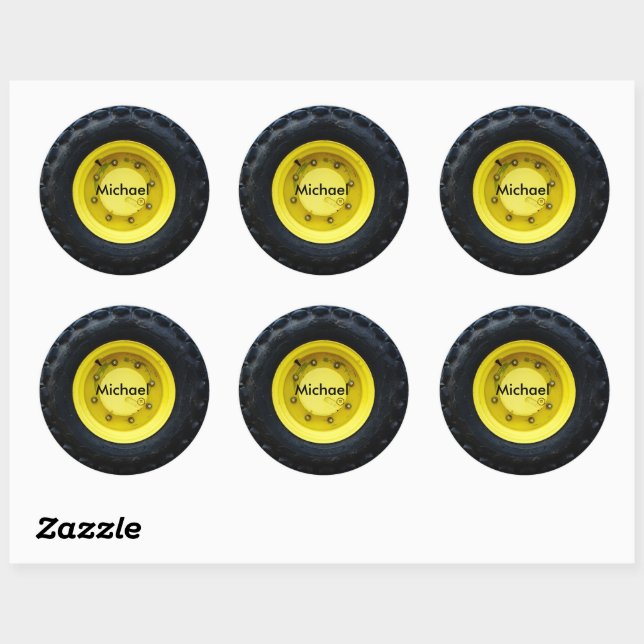 yellow personalised name tractor wheel tire classic round sticker (Sheet)