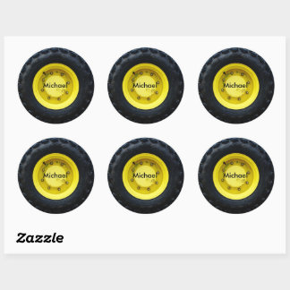 yellow personalised name tractor wheel tire classic round sticker