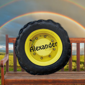 Yellow personalised name tractor wheel tire round cushion
